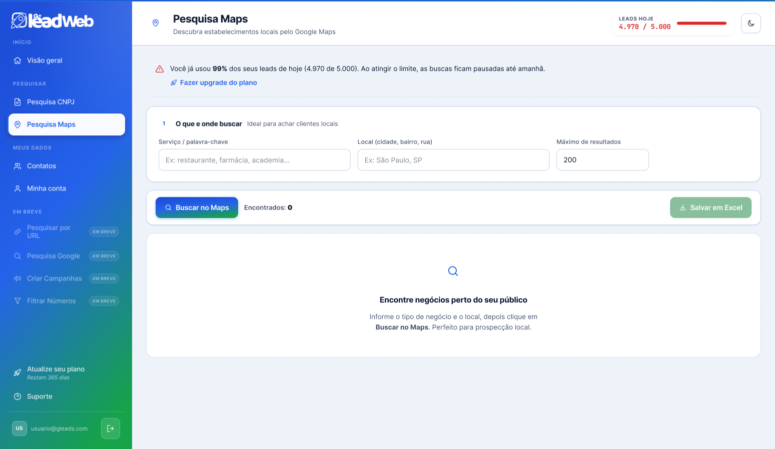 Dashboard do Gleads na Pesquisa Maps, com busca de estabelecimentos no Google Maps